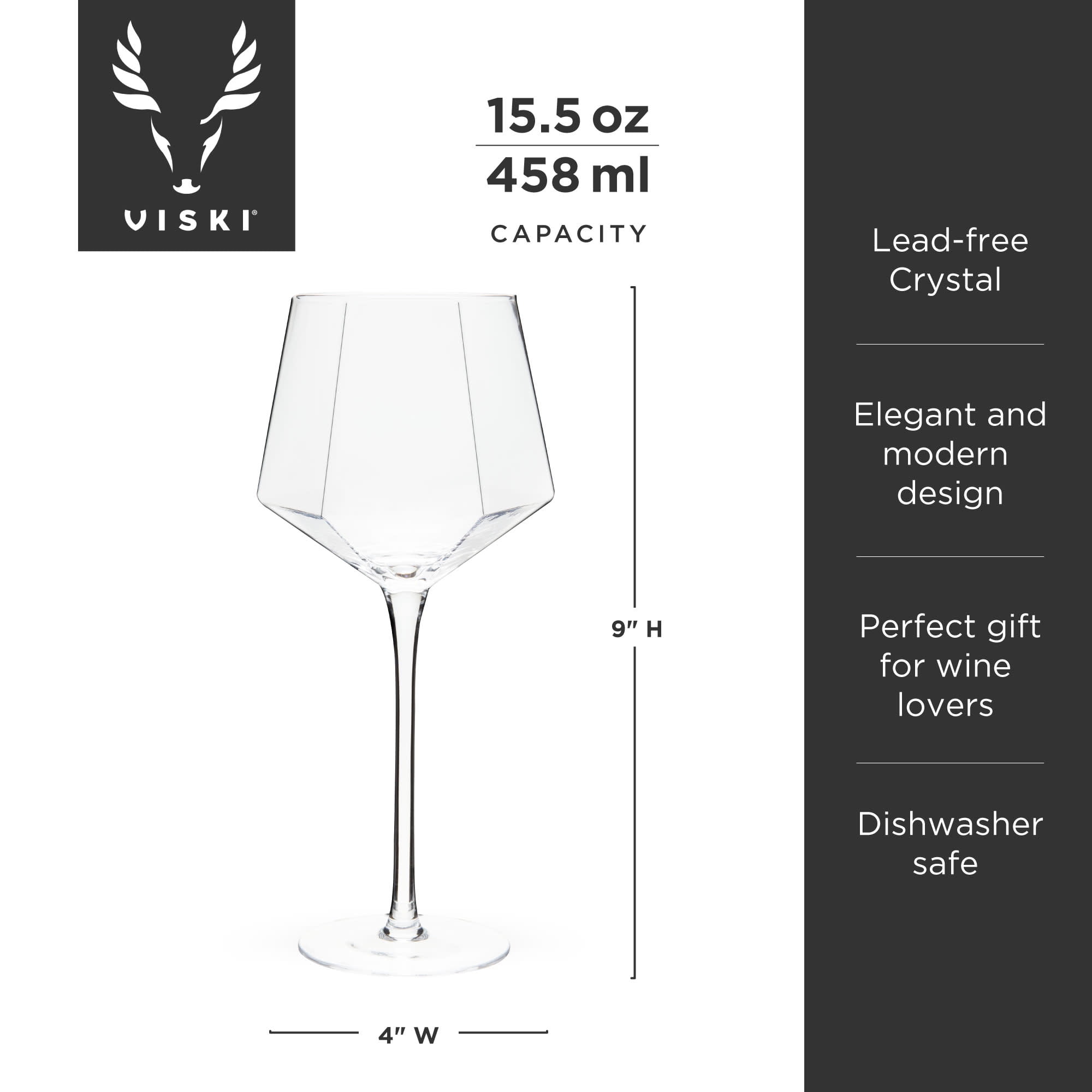 Viski Seneca Long Stem Wine Glasses for Red or White Wine, 15.5 oz Set of 2