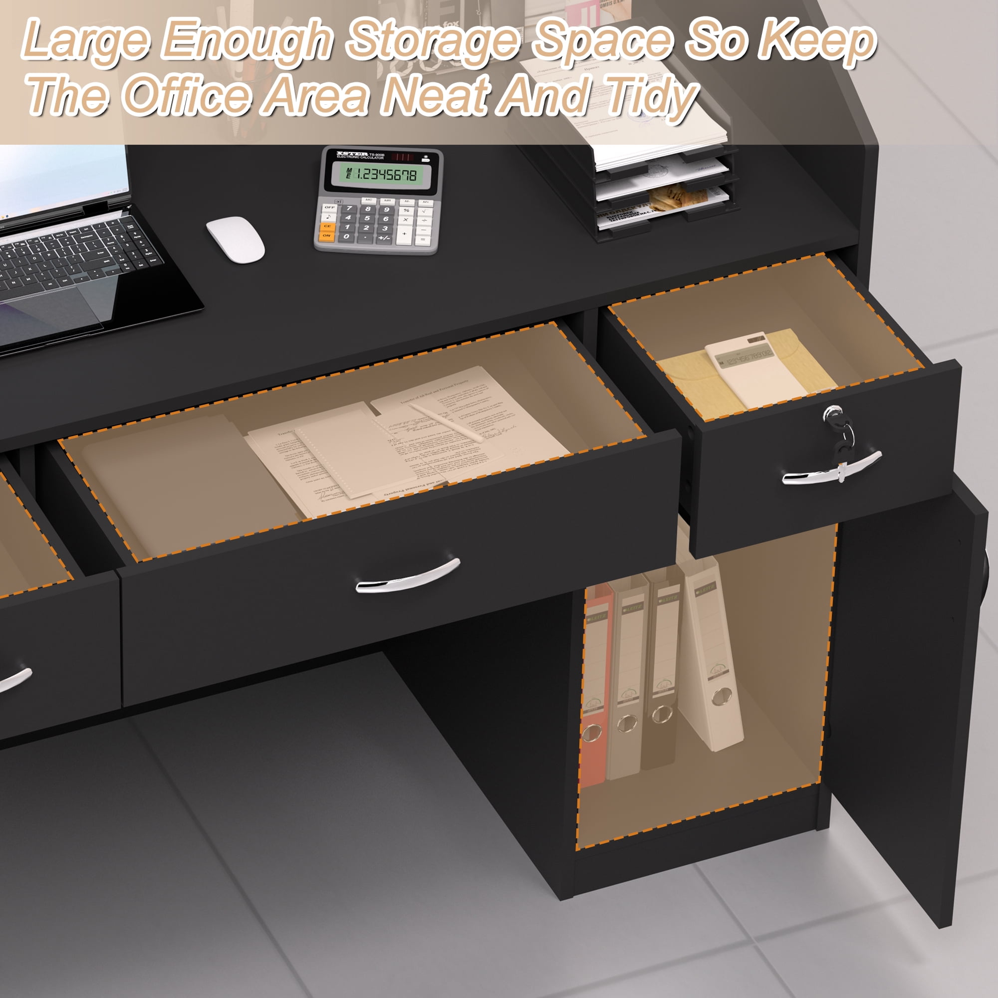 HARIPUL 50-inch Reception Desk with Counter, Front Desk Office Desk with Storage Shelves, Black