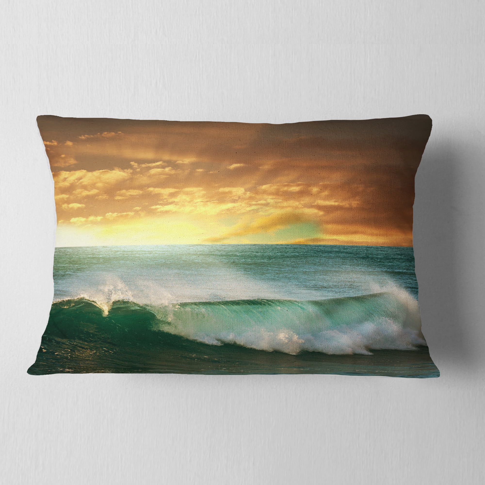 Designart Stormy White Wave in Blue Sea - Modern Beach Throw Pillow - 12x20