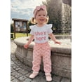thumbnail image 5 of Loicainy Baby Toddler Girl Summer Outfits 3 6 12 18 Months Letter Print Short Sleeve Round Neck Romper Bow Pattern Pants Headband 3 Pcs Clothes Set, 5 of 7