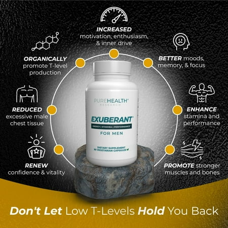 Testosterone Booster Exuberant for Men by PureHealth Research, 6 Bottles
