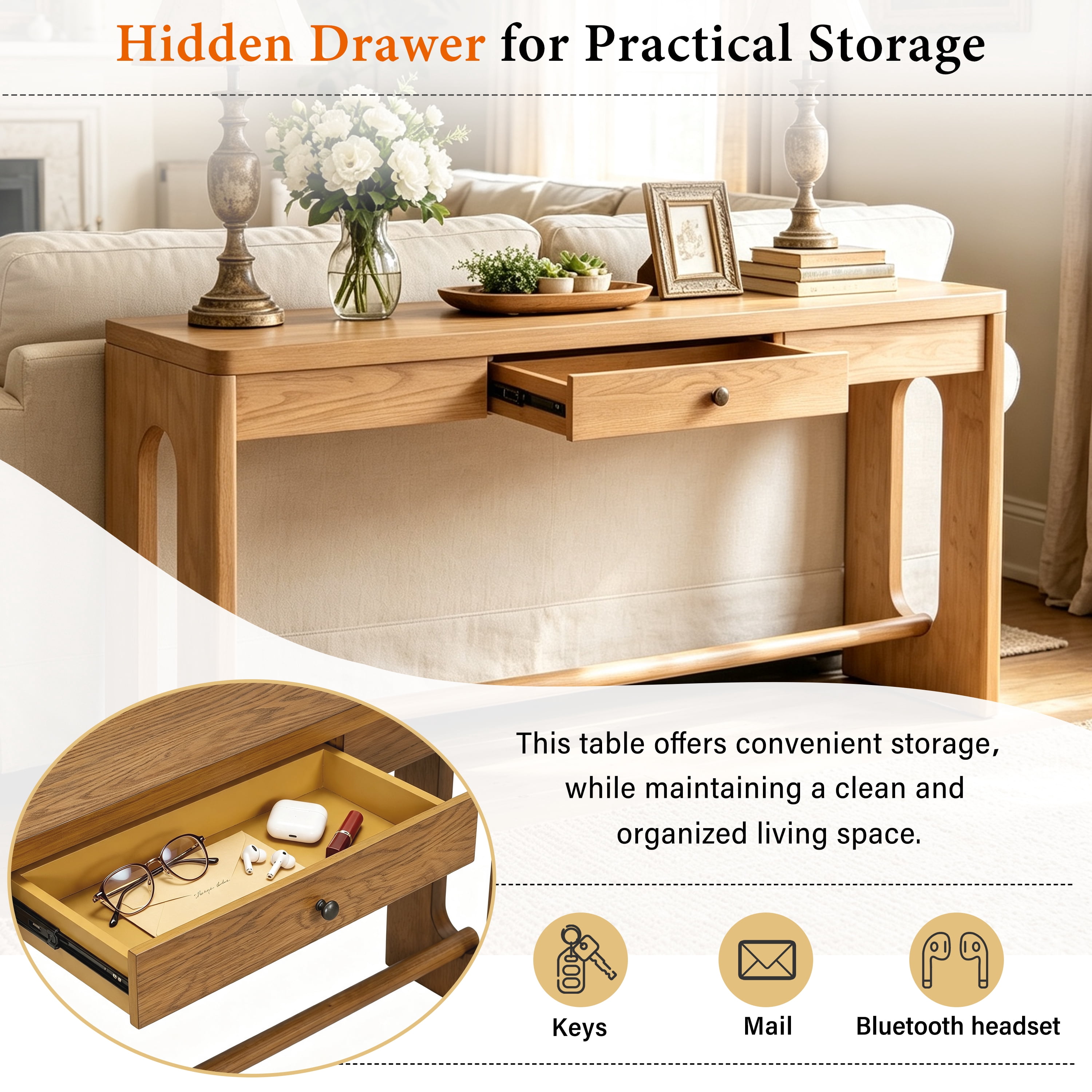 59.8" Wooden Entryway Table with Oak Veneer Retro Console Table With Drawer And Round Handle,Multi-Functional Sofa Table with oval cutout leg for Hallway, Entryway, Living Room