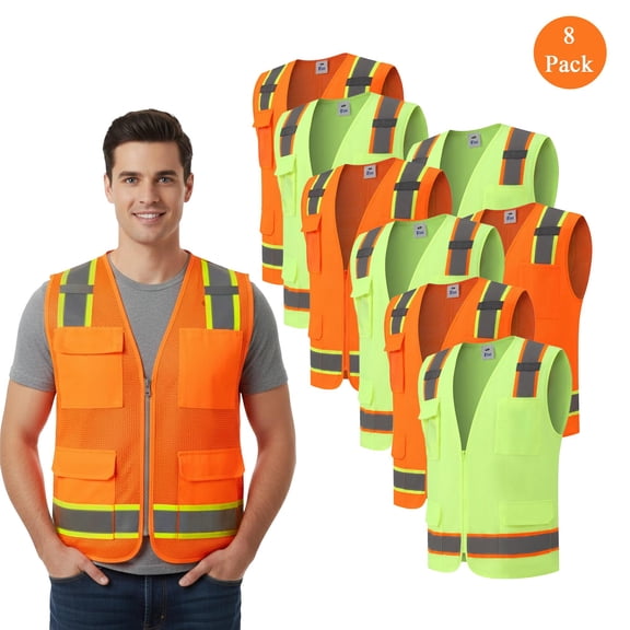 Zfeel 8 Pack Hi-Vis Reflective Safety Vest, Men's Poly Mesh Mix Color Polyester Made Vest, S