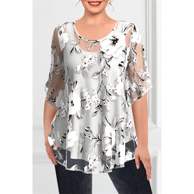 RWJDXD WUJS Chemises Décontractées pour Femmes Grande Taille à Imprimé Floral en Chiffon à Volants Manches Courtes Ourlet Asymétrique en Couches Col Rond Haut Quotidien pour Navetteur