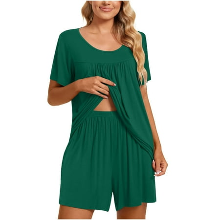 

OVBMPZD 2PC Women s Round-Neck Solid Short Sleeve Two-piece Suits Comfortable Home Pajamas Set Sports Set Green S