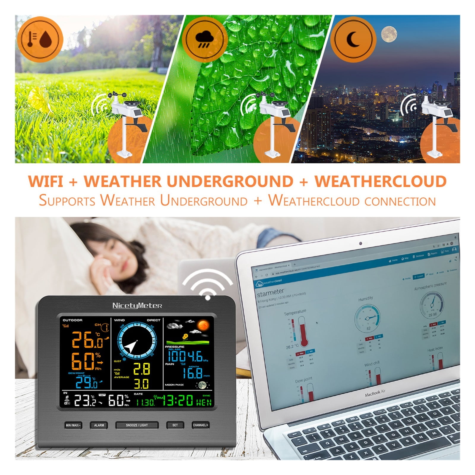 0366 Weather Station Outdoor Sensor Rain Gauge Weather Forecast Temperature Humidity Air Pressure Wind Gauge Moon Phrase ,Easy to Install