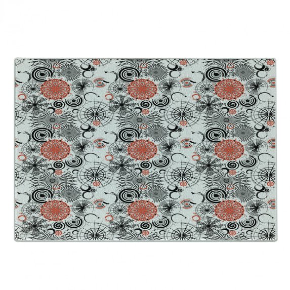 Mandala Cutting Board, Grunge Looking Round Floral Rounds Contrast Colors and Design, Decorative Tempered Glass Cutting and Serving Board, Small Size, Vermilion Black White, by Ambesonne
