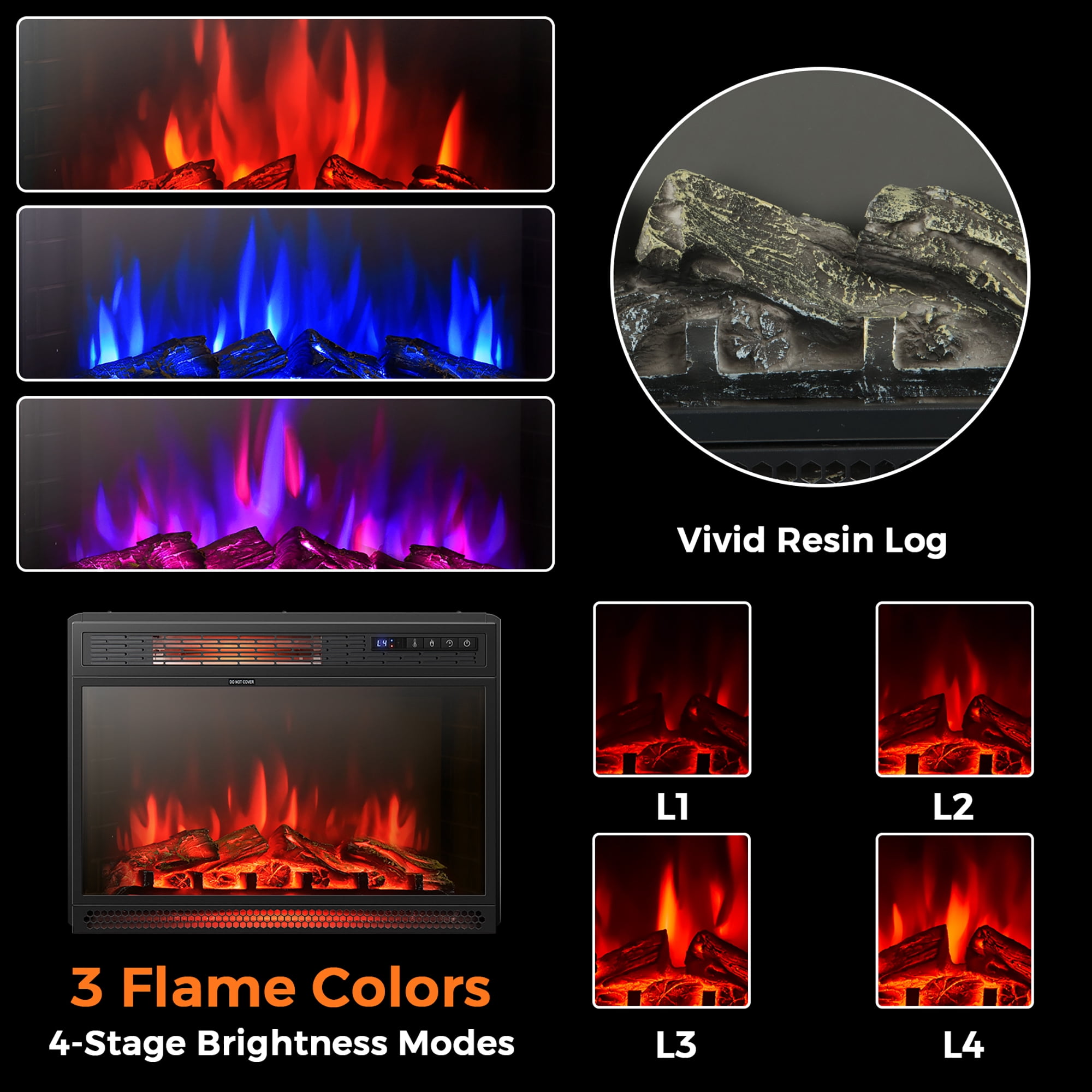 Costway 25''Electric Fireplace Freestanding & Recessed Heater Log Flame Remote 1350W