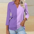 thumbnail image 2 of VERUGU Womens Tops 3/4 Sleeve Shirts V-Neck Lapel Loose Casual Comfy Blouses Trendy Patchwork Color Versatile T-shirts for Leggings Purple XL, 2 of 5