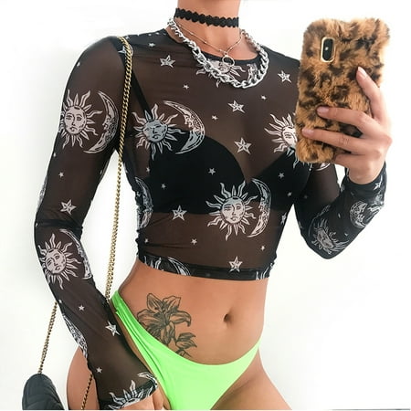 Sheer Black Lace Top - Sexy Womens See Through Lace Mesh Sheer Long Sleeve Crop Tops Sun Moon Print T-Shirt Blouse Tee Black S