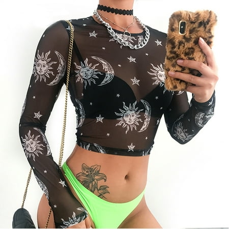 Sexy Womens See Through Lace Mesh Sheer Long Sleeve Crop Tops Sun Moon Print T-Shirt Blouse Tee Black