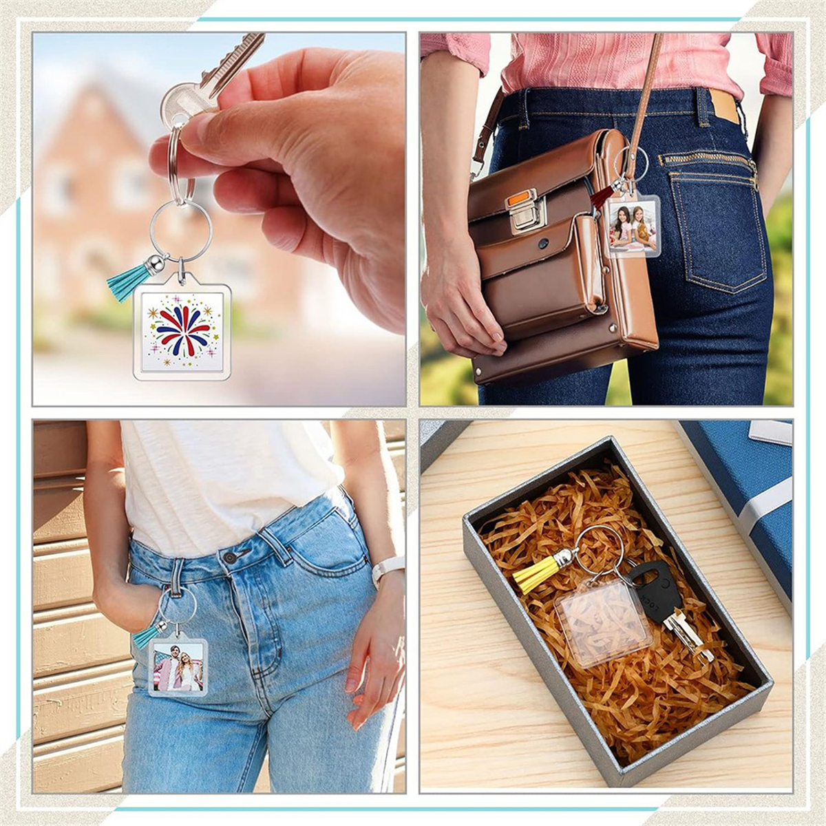 NEW Acrylic Photo Frame Keychain with Tassels Charms Insert Clear Keyrings Blank for DIY Square