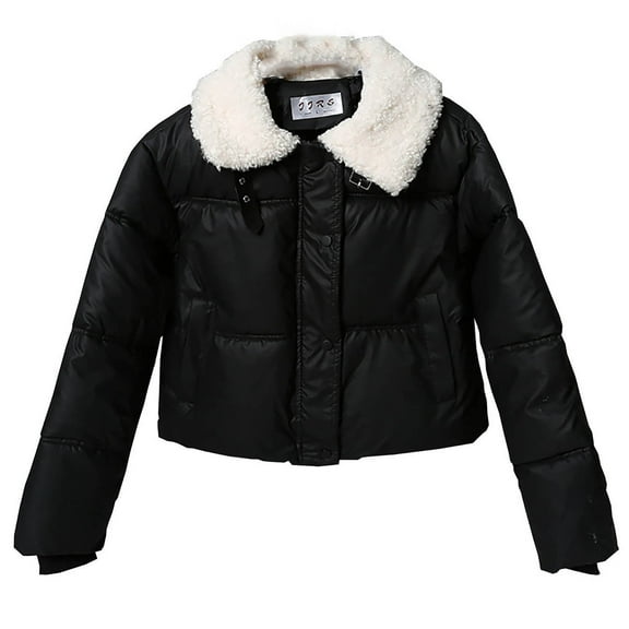XPMWRP Women's Solid Color Winter Lapel Collar Puffer Coats Long Sleeve Fleece Lined Casual Jackets Quilted Short Outwear Black L