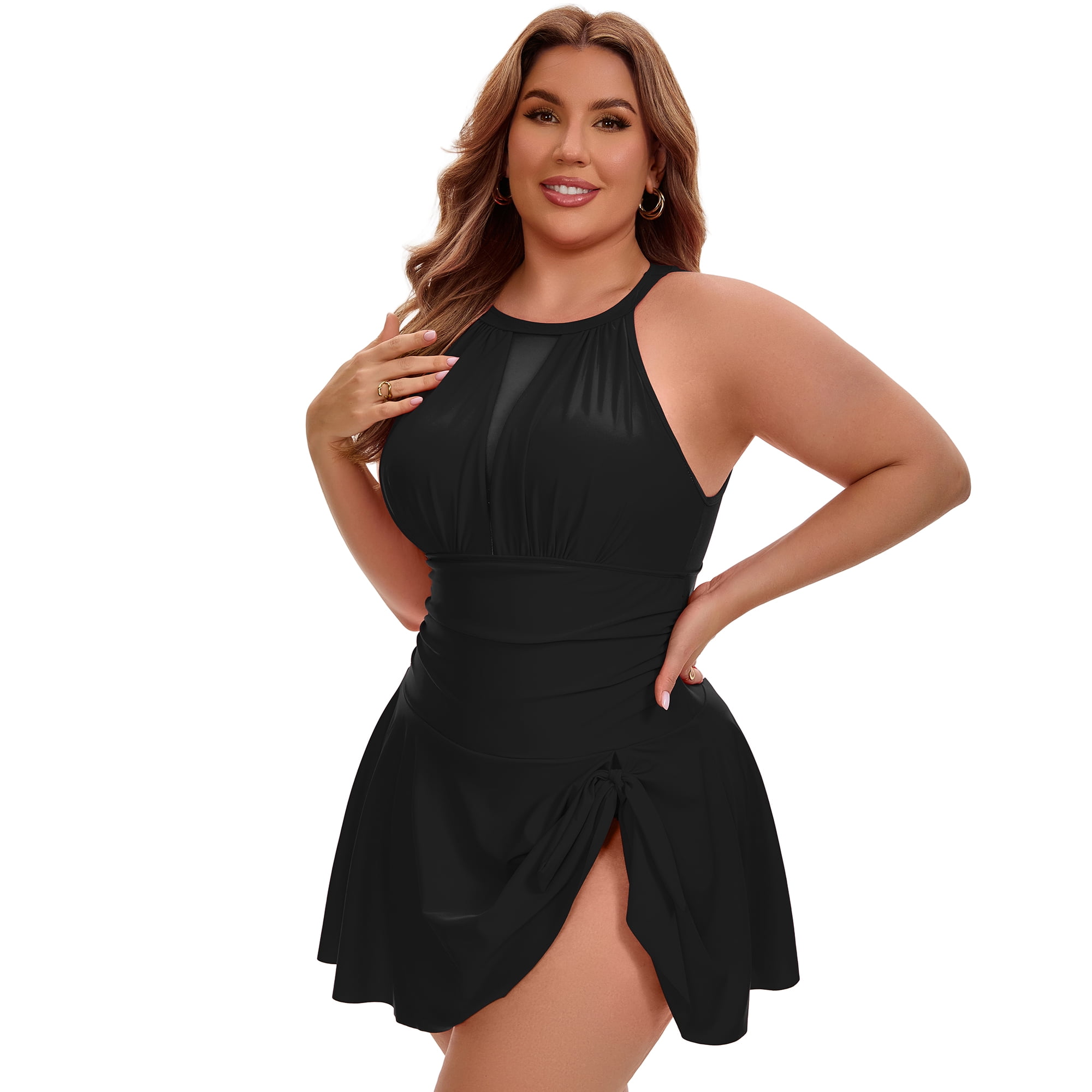 DARING DIVA Women's Plus 1 Piece Halter Mesh Sheer Tie Swimwear L Black