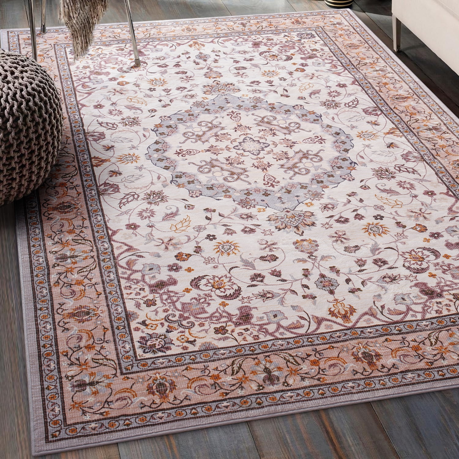 Jamfeel Area Rugs Vintage Floral Printed Washable Non-slip Carpets Foldable Thin Low Pile Rug for Living Room Bedroom 8'x10' Khaki