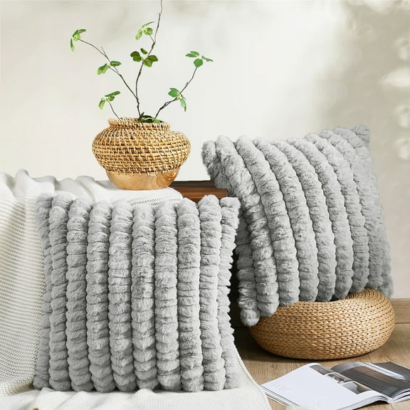 Home Soft Things Spandex Striped Heavy Faux Fur Pillow Covers, Set of 2, 20"x20", Silver Grey