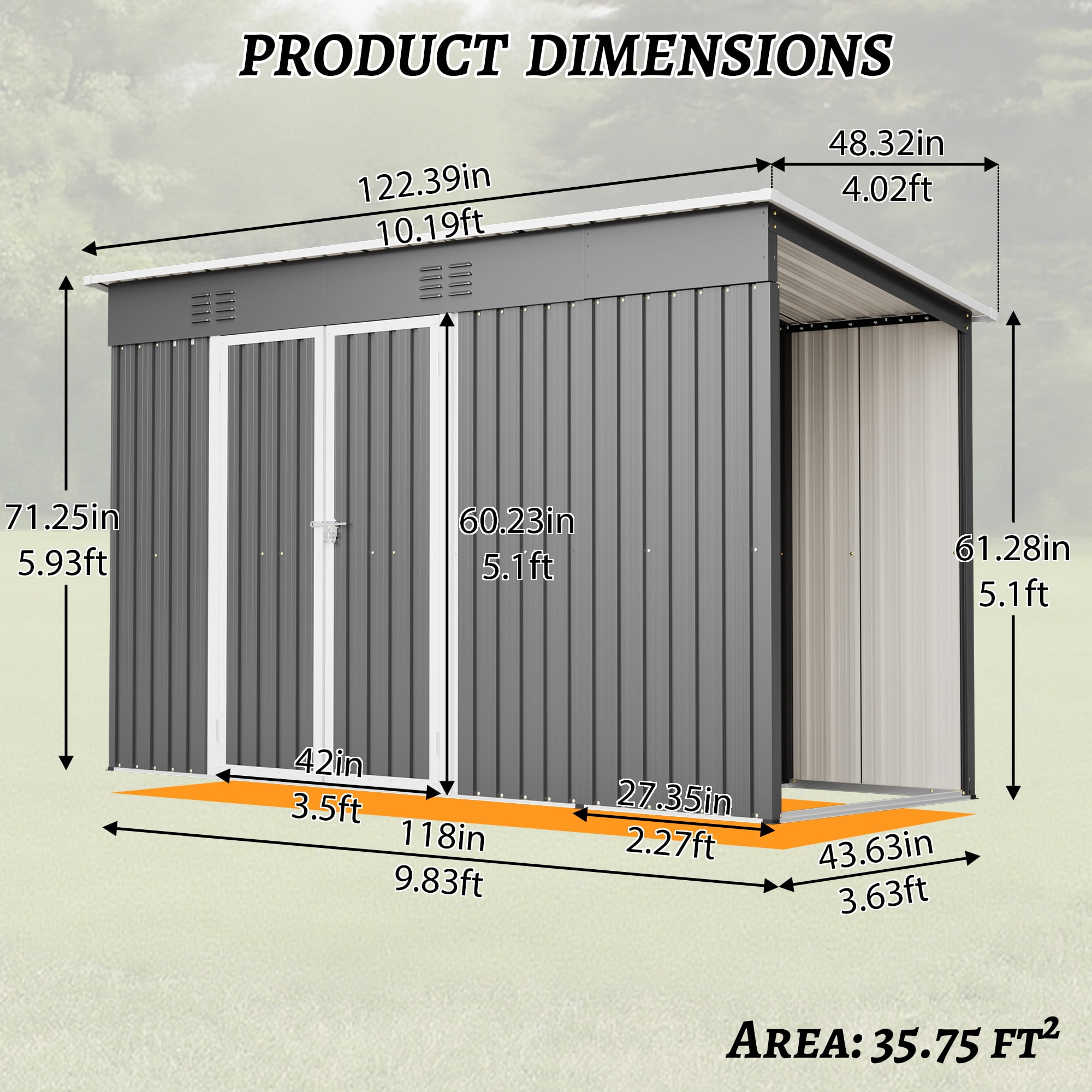 10x4 FT Metal Storage Shed with Open Firewood Bay, Floor Frame, Vents, Outdoor Tool/Garden Shed, Dark Gray