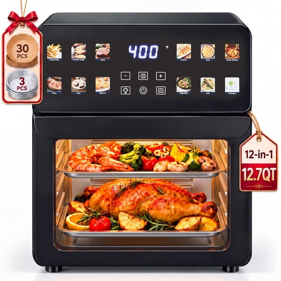 RUIE 12.7QT Air Fryer Toaster Oven,1700W 12-in-1 Multifunction Air Fryer with Digital LED Touchscreen,Visible Window,30Pcs Liner,Dehydrate, Bagel, Seafood for Home,Black