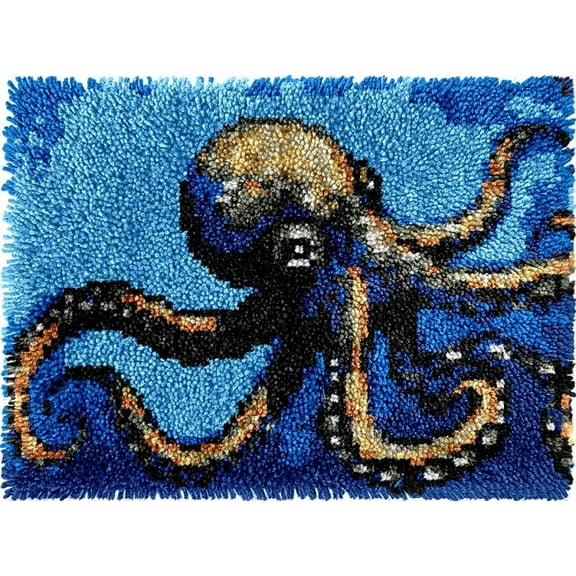 Easy DIY Latch Hook Rug Kits Octopus DIY Cushion Tapestry Making Crochet Hooking Mat Making Kits With Printed Pattern Canvas DIY Carpet Needlework Crochet Kits 52x38cm