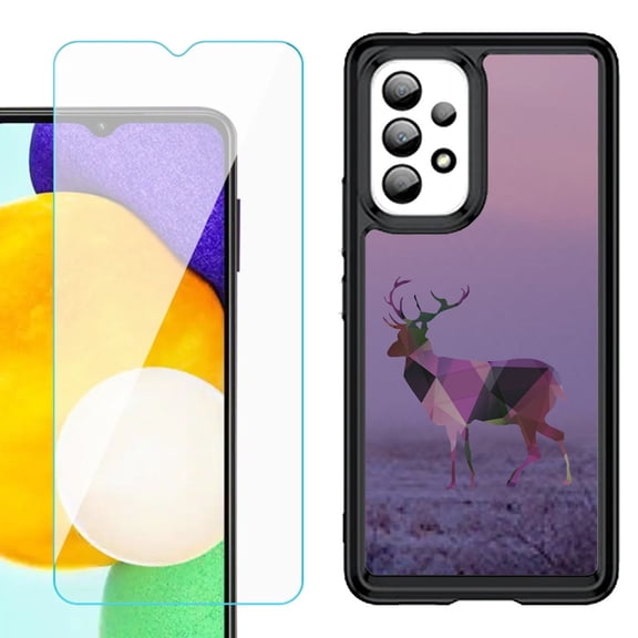 Shockproof Bumper (Black Frame) phone Case for Samsung Galaxy A23 5G, with Tempered Glass Screen Protector, by OneToughShield ® - Deer/Polygon