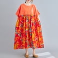 thumbnail image 2 of Vestido vintage de lino de algodón para mujer, empalme con estampado, cuello redondo, bolsillo CACAGOO  Vestido de mujer, 2 of 7