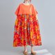 thumbnail image 2 of Vestido vintage de lino de algodón, empalme con estampado, cuello redondo, bolsillo de manga corta Irfora Cuello redondo naranja, 2 of 7