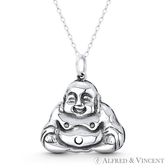 Double-Lotus Chinese "Happy Buddha" Ho Tai Buddhist / Buddhism Charm 27x25mm (1.1x1in) Pendant & Chain Necklace in Oxidized .925 Sterling Silver