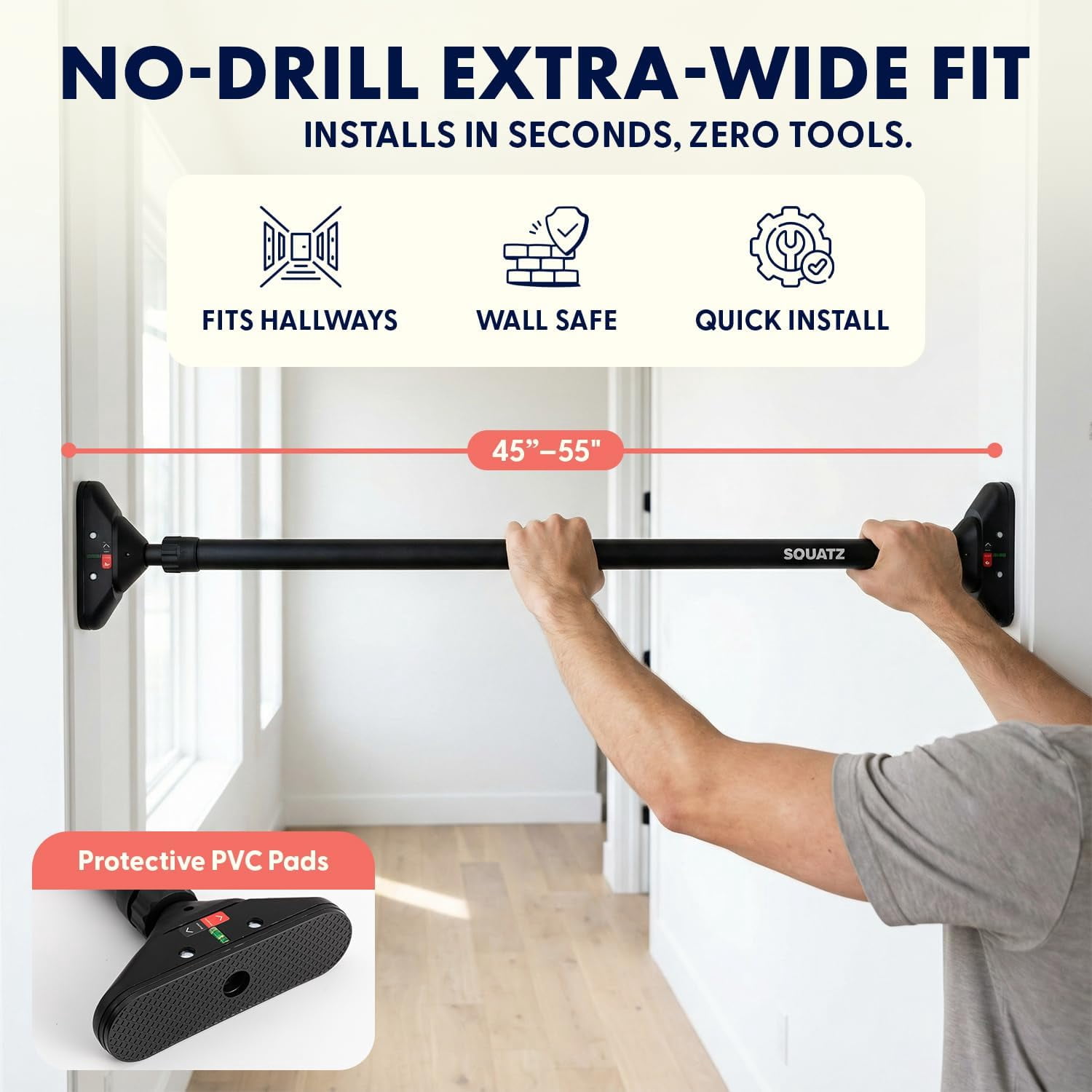 Squatz Doorway Pull Up Bar – Adjustable 45–55" No-Drill Door Frame Chin-Up Bar with Level Meter, Locking Mechanism, Foam Grips & Portable Design for Home Workouts