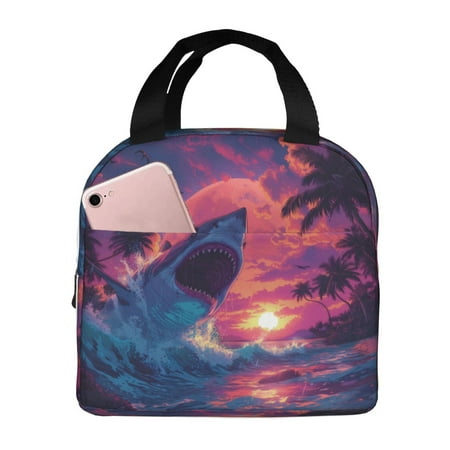 Insulated Lunch Bag for Women Men - Hawaiian Island Beach Shark Leakproof Cooler Lunch Box for Women Men  Lunch Tote Bags for Work School Picnic Travel