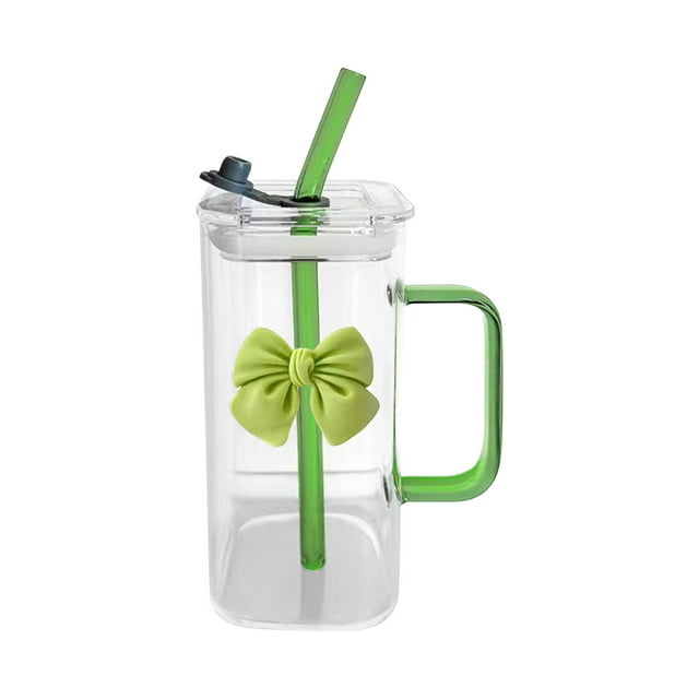 Kyusrd Transparent Square Glass Cup With Knot Handle And Straw For Coffee And Milk 400ml
