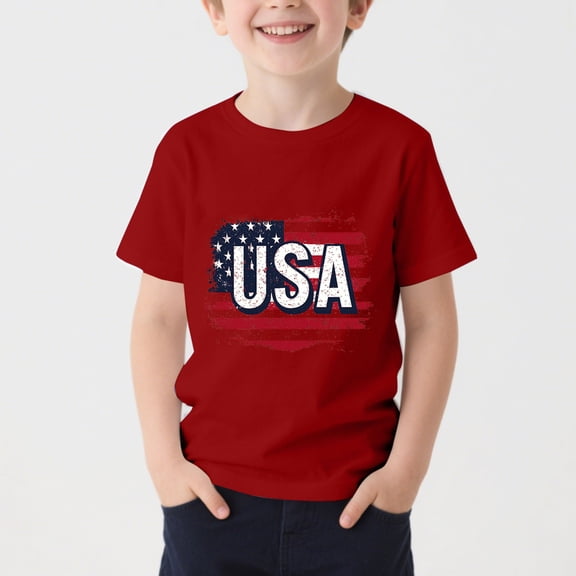 Avrnliq American Flag Patriotic Kids T-Shirt, Distressed USA Graphic Short Sleeve Crew Neck, Unisex Casual Tee for Boys Girls, Red,Size 14-15T