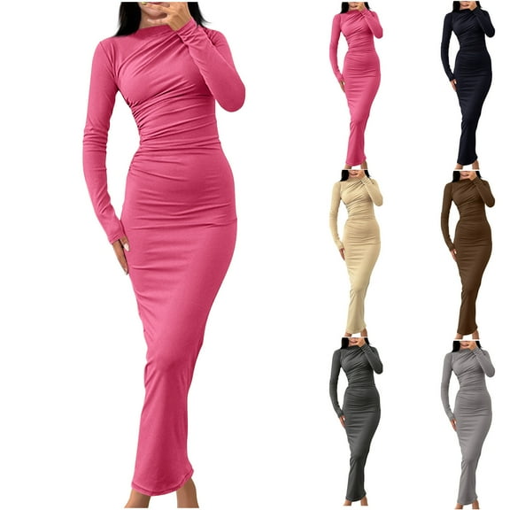YHAJDS Women's Fall Winter Casual dress,Women's Dresses Solid Color Maxi Dress Long Sleeve Long Dress for Women Slim Bodycon Hem Long Length Elegant Dress