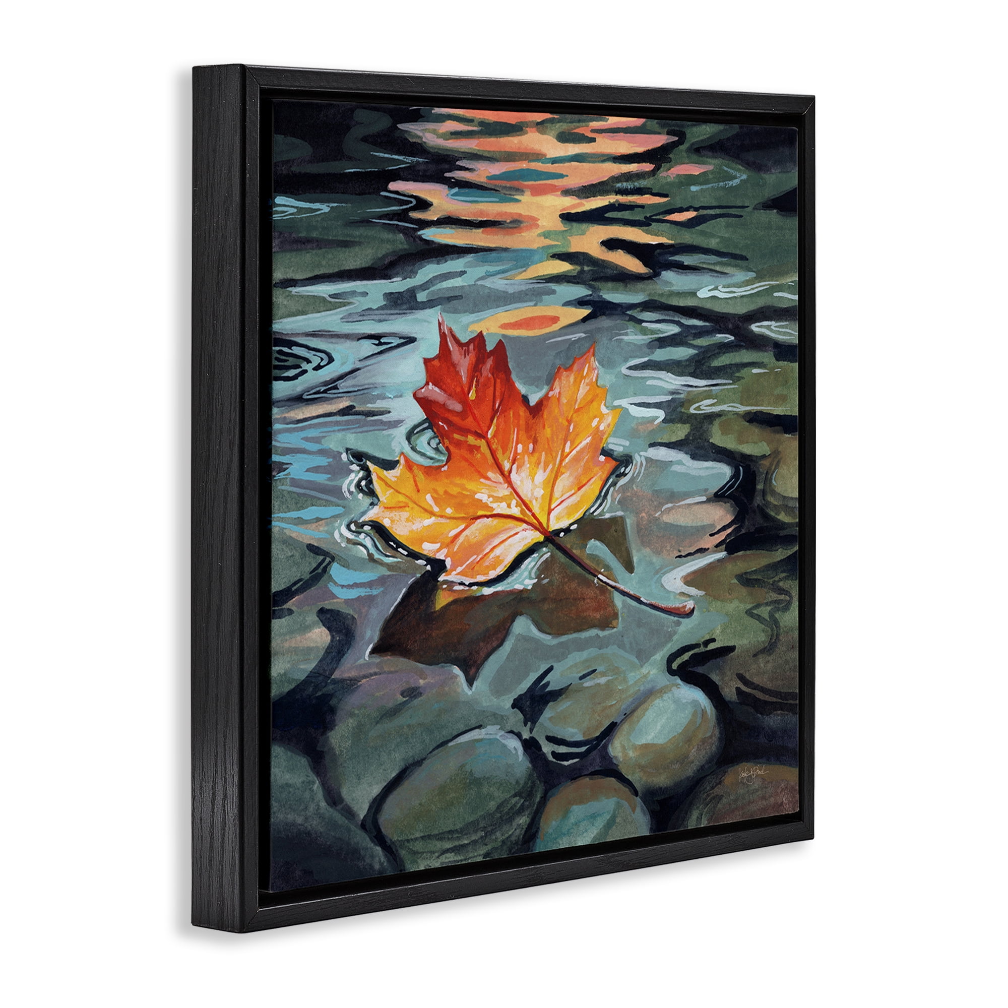 Stupell Industries Maple Leaf Floating in Stream Black Framed Floater Canvas Wall Art, design by Kate Jarvik Birch