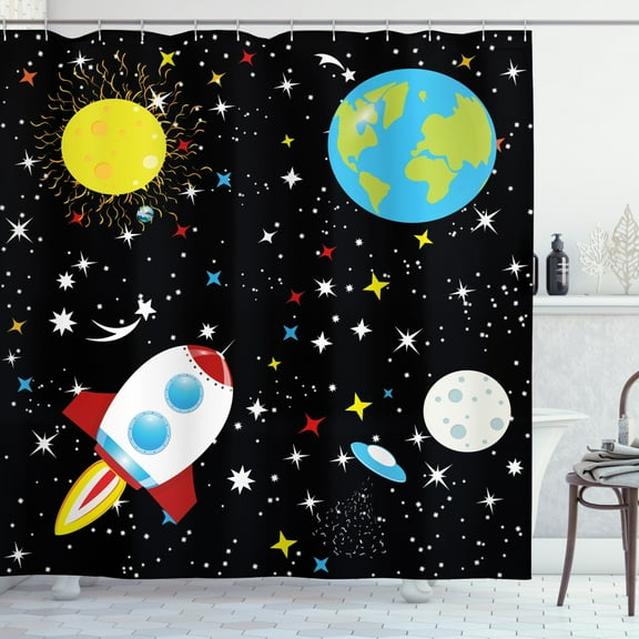 Ambesonne Astronomy Shower Curtain, Stars Earth Moon Rocket, 69"Wx84"L, Charcoal Grey Multicolor