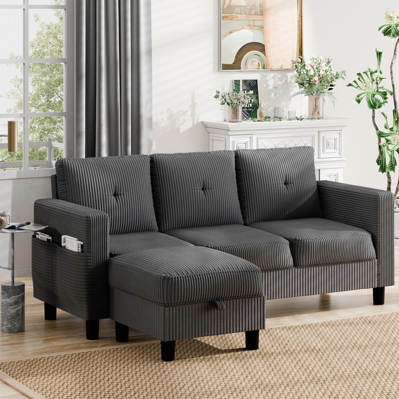 Walsunny 76.4" Convertible Sectional Sofa, L Shaped Sectional Sofa with Side Pocket, 3 Seat Sofa Couch with Storage Ottoman for Small Living Room, Apartment, Bedroom, Dark Gray