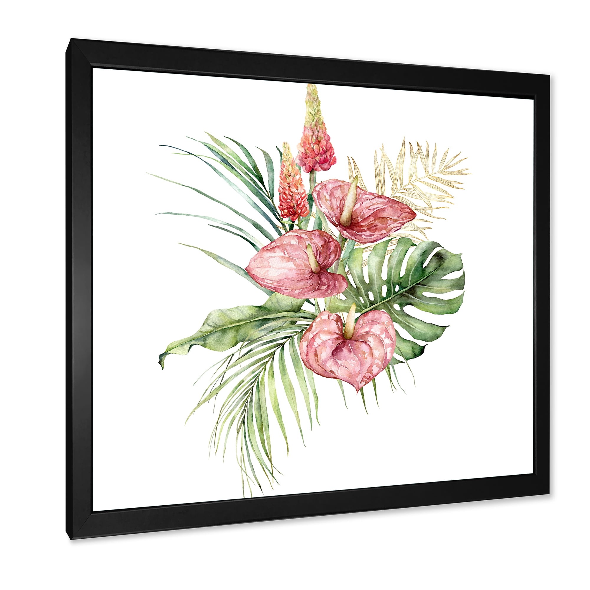 Designart 'Tropical Bouquet With Anthurium Lupine and Leaves On White I' Traditional Framed Art Print