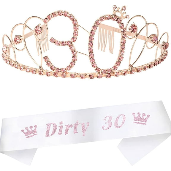 30th Birthday Gifts for Woman, 30th Birthday Tiara and Sash Pink, Happy 30th Birthday Party Supplies, Dirty 30 Glitter Satin Sash and Crystal Tiara Birthday Crown for 30th Birthday Party Supplies