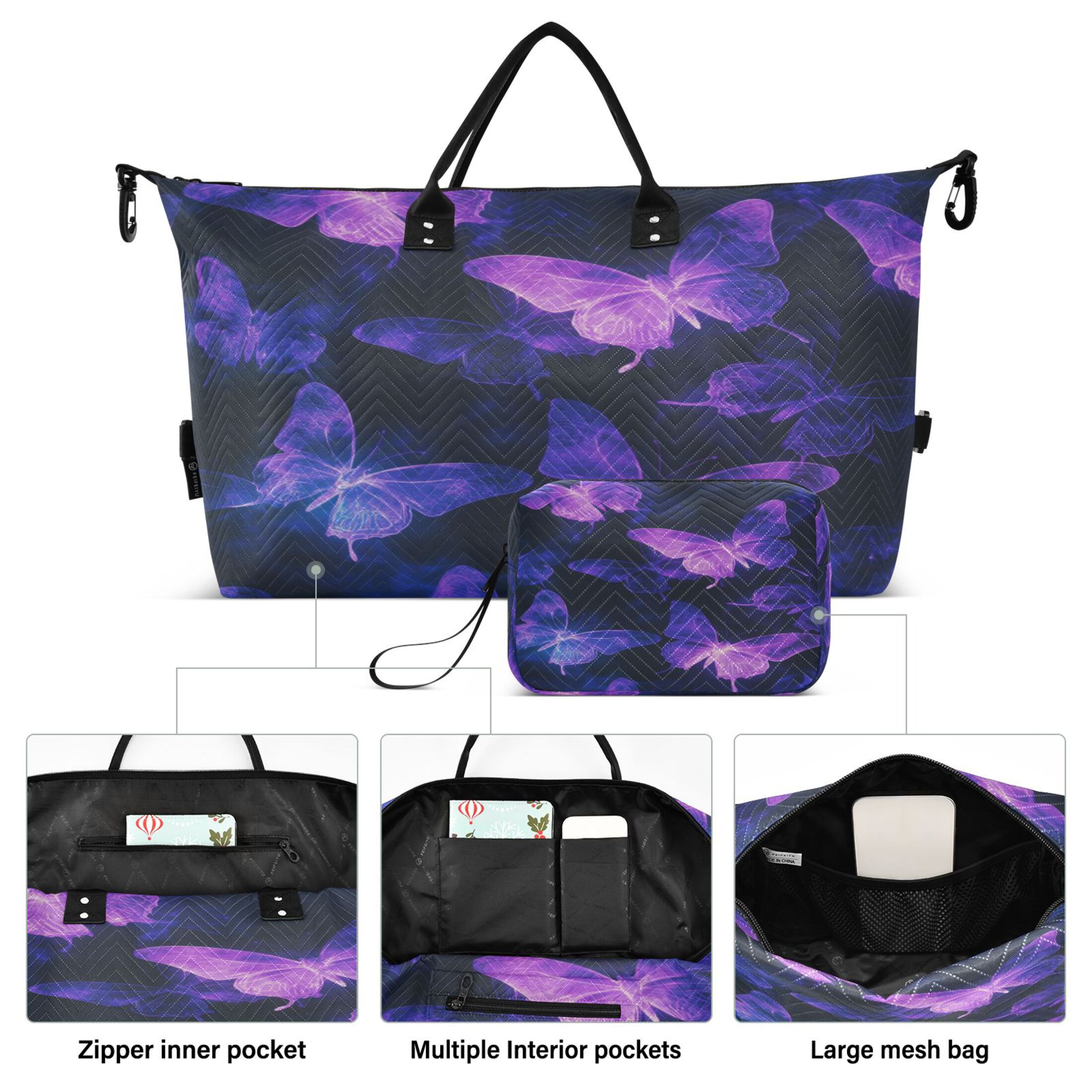 Travel Duffel Luggage Bag Sports Duffle Bag Gym Bag with Zipper Purple Glowing Butterflies