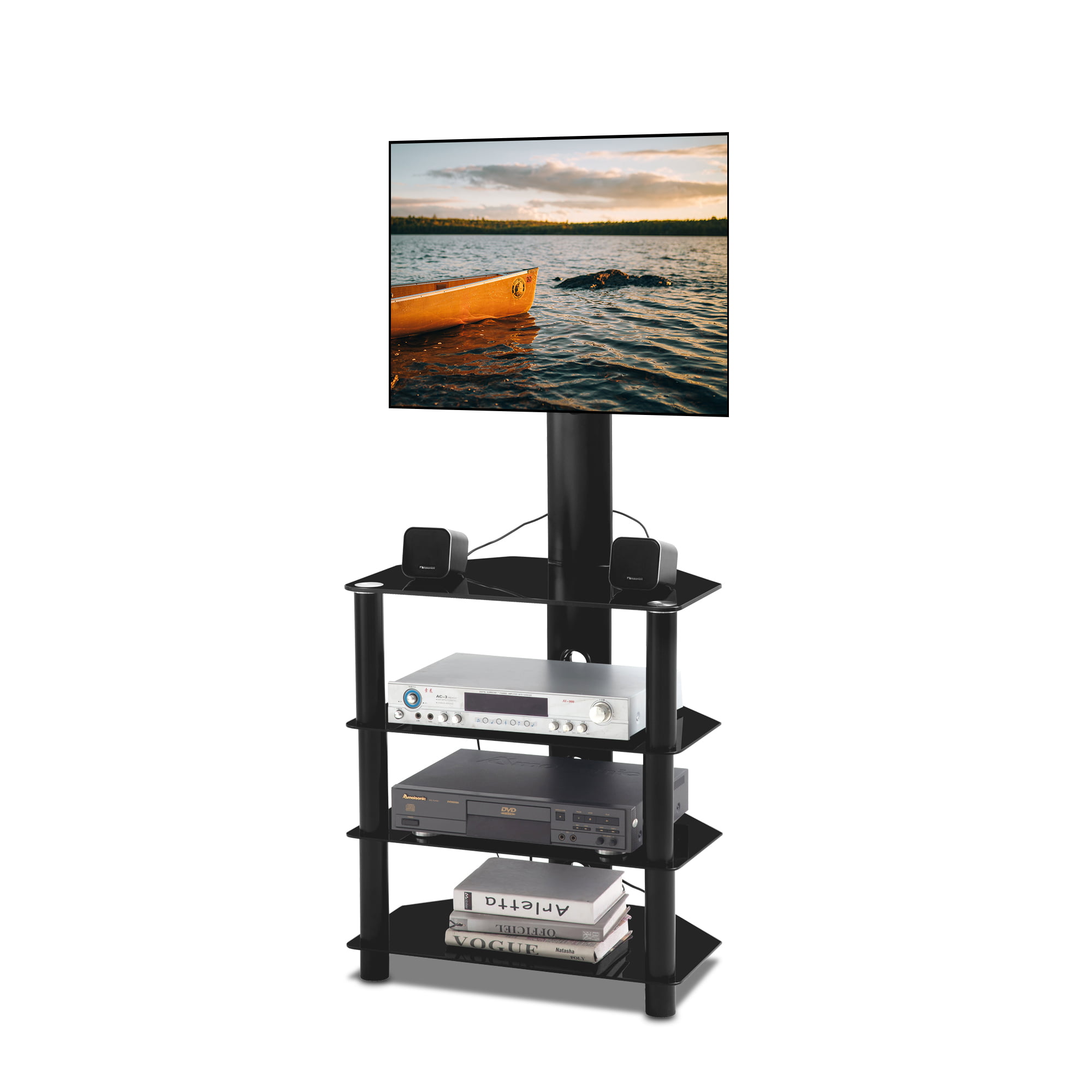 Details about   Floor Swivel TV Stand Tempered Glass Adjustable Height Black Living Room Modern 