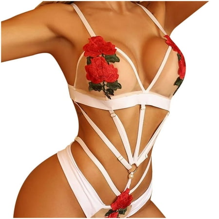 

Women s Exotic Lingerie Lace Mesh Floral Embroidery Chain Linked Garter Teddy Bodysuit With Leg Ring Underwear Nightwear Bra For Women