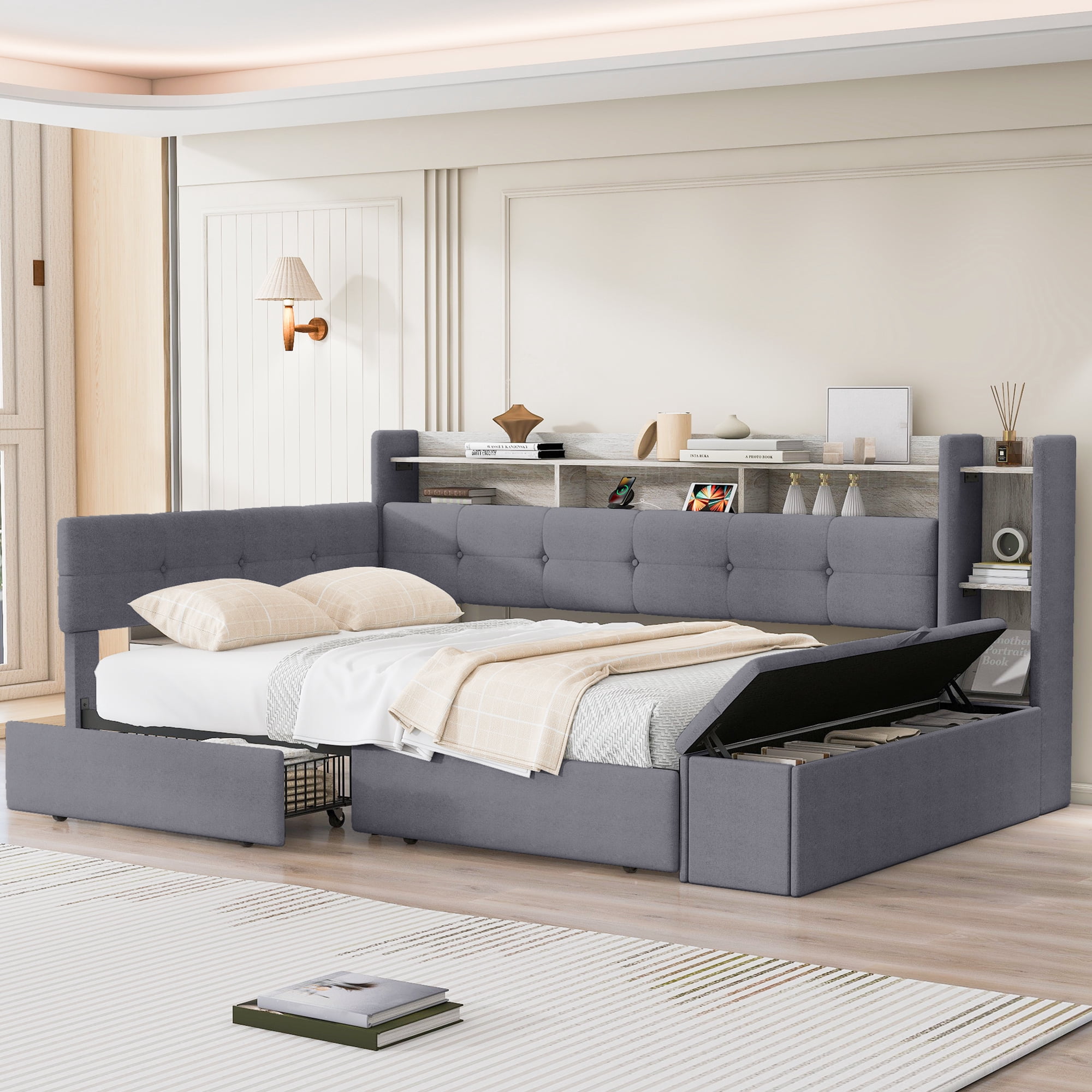 Euroco Upholstery Full Size Daybed with Drawers, Storage Sofa Bed with Footstool and Shelves, LED Light and USB Charging, Grey