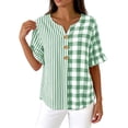 thumbnail image 5 of Womens Cotton Linen Tops Summer Elbow Length Sleeve Tshirts for Women Striped Plaid Printed Ruffled Button V Neck Top, 5 of 6