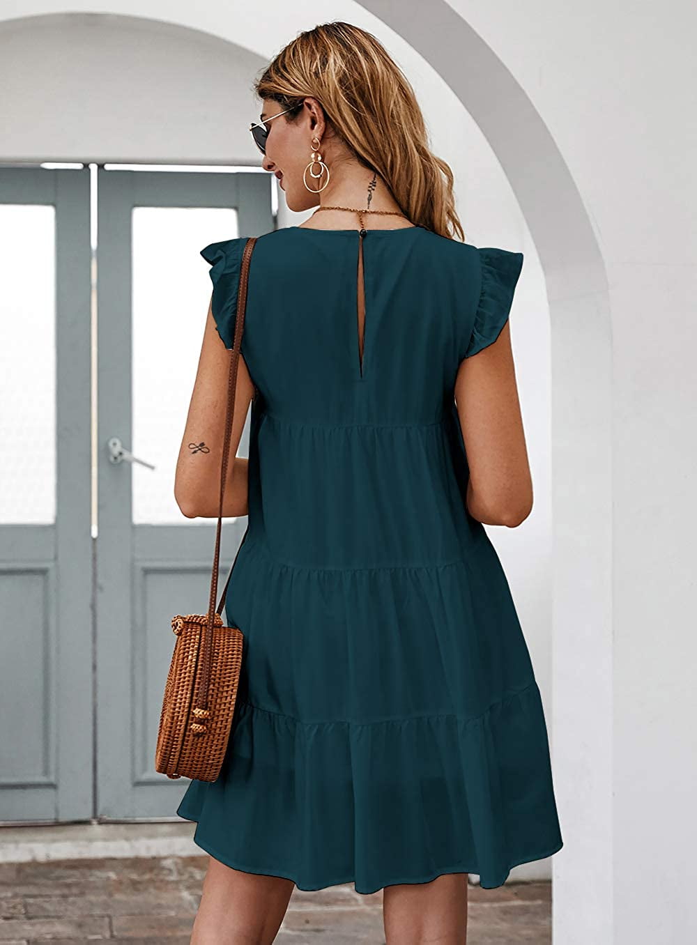 KIRUNDO Women’s Summer Dress Sleeveless Ruffle Sleeve Round Neck Mini Dress Solid Color Loose Fit Short Flowy Pleated Dress