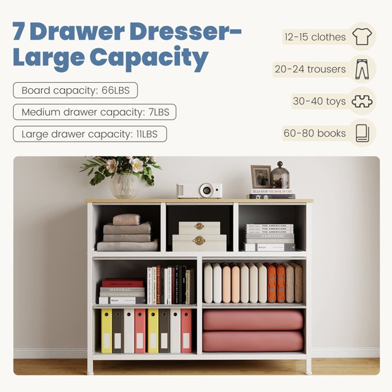 Nextay 7-Drawer Fabric Dresser TV Stand for 45" TV, Storage Dresser Closet with Steel Frame & Wooden Top for Living Room, Dressing Room, Entryway, Light Gray