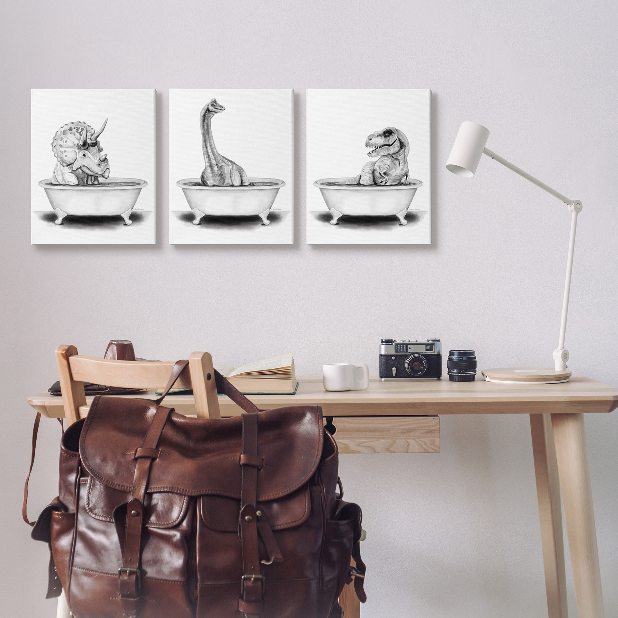 Stupell Dinosaurs Bathing Bathroom Tub Animals & Insects Painting Gallery Wrapped Canvas Print Wall Art, Set of 3