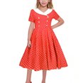 thumbnail image 6 of lcziwo Kids Girls Vintage Polka Dot 50's Girls Dress Short Sleeve Turn-Down Collar Swing Dress Party Dress Red 7 Years, 6 of 7