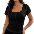 thumbnail image 2 of Women Y2K Short Sleeve Button Up Lace Patchwork Crop Tshirt Tops Slim Fit Scoop Neck Henley Summer Women Tee Black S, 2 of 4