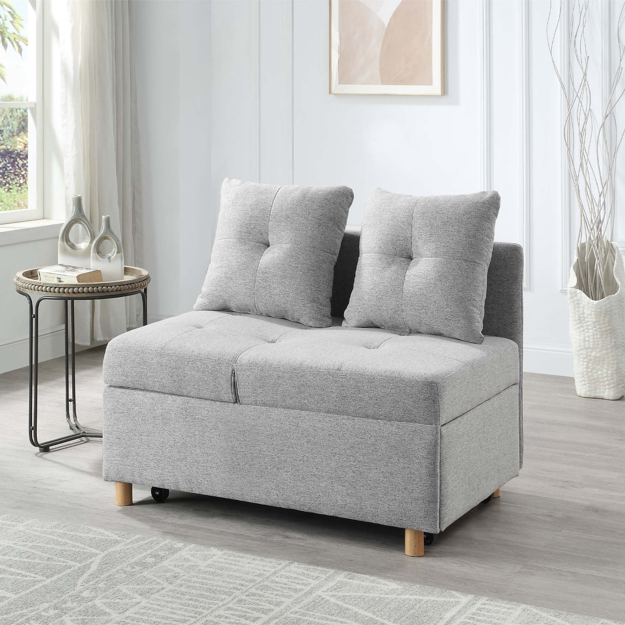 Aukfa Folding Futon Sofa Bed Chair, Convertible Chair Bed with 2 Pillows for Living Room Apartment - Light Gray