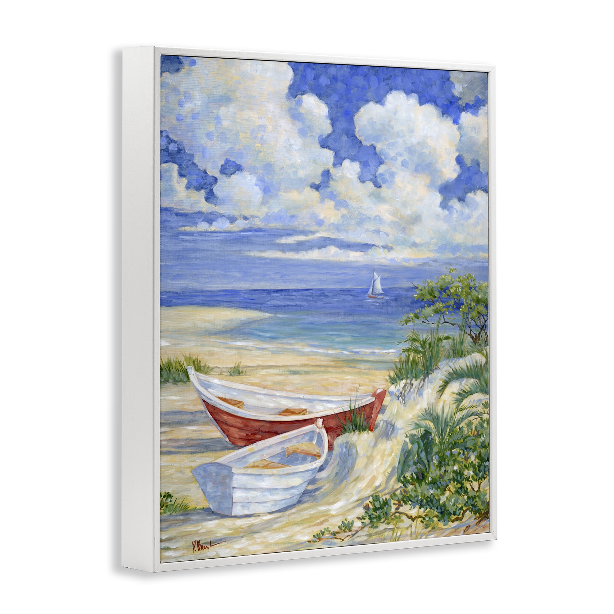 Stupell Industries Two Boats on Sand Transportation Painting White Framed Art Print Wall Art, 11 x 14