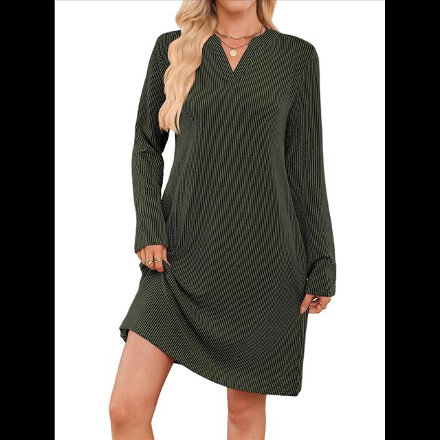 Vestido Informal de Larga con Bolsillos y Cuello en V para Mujer, Holgado, para Otoño e Invierno Verde XL
